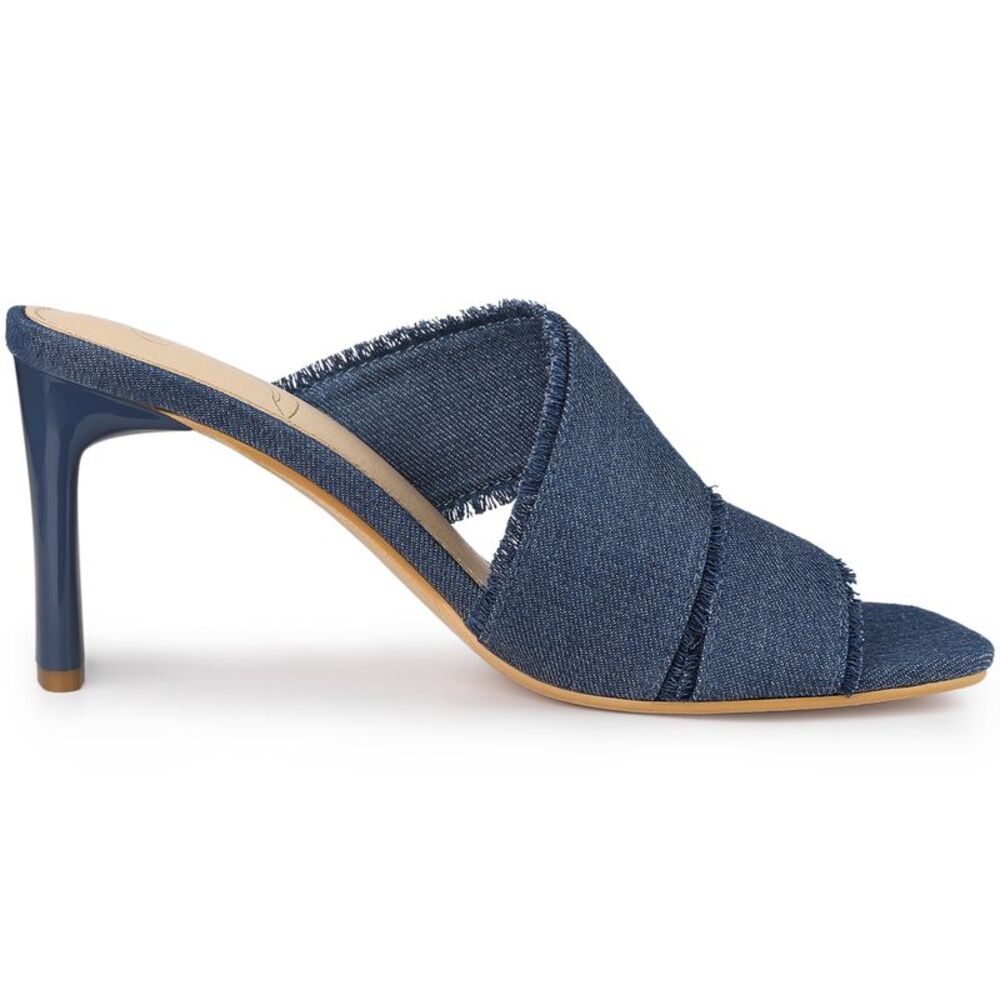 Dual Strap Heels Slide Mules Open Toe Denim Blue Sandals